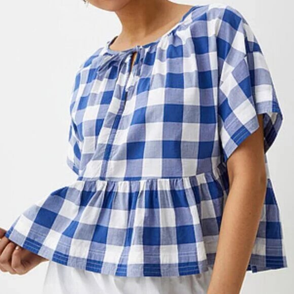 NWT Loose summer plaid bow blouse Patterned Blue 100% cotton - Picture 1 of 2